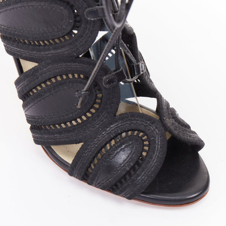 FRANCESCO RUSSO 2016 black leather Teardrop Cage topstitch lace up sandals EU35