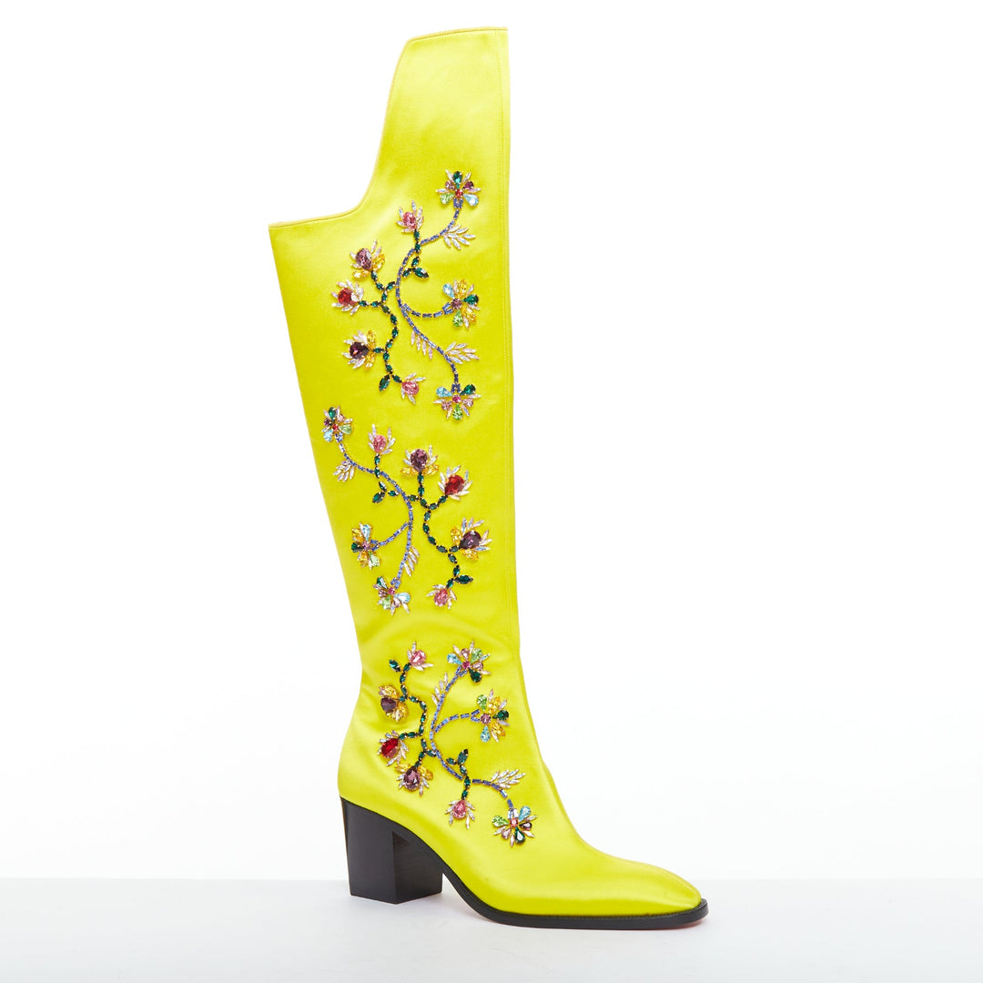 rare CHRISTIAN LOUBOUTIN Morgan Fleur 70 yellow satin blossom western boots EU43