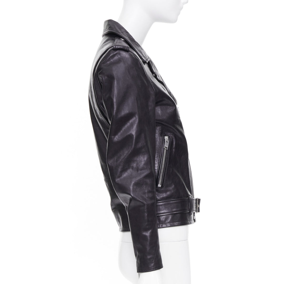 SAINT LAURENT 2016 L17 black calfskin leather buckled moto biker jacket FR44 XS