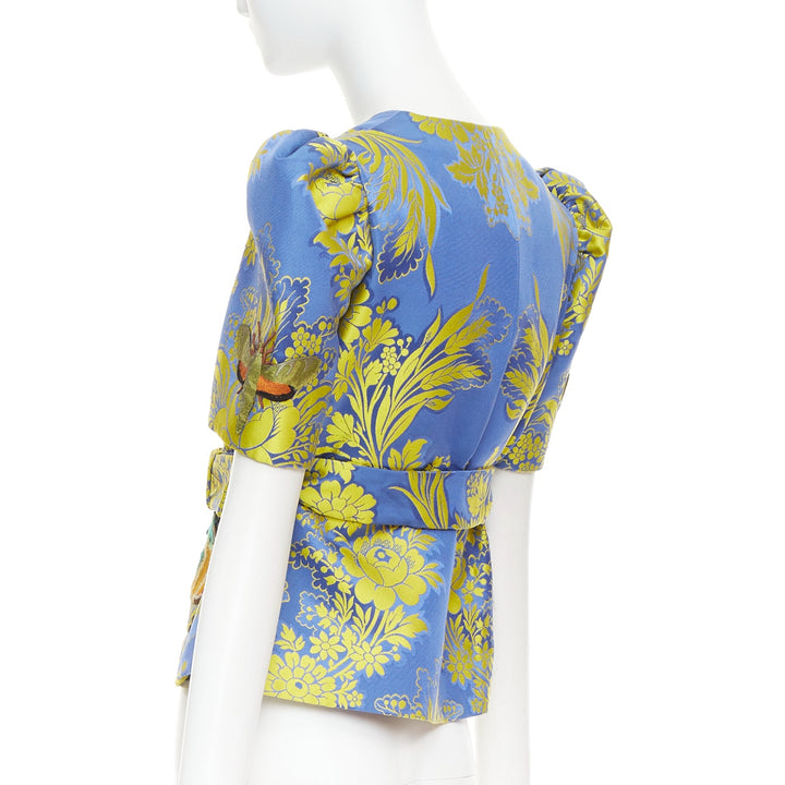 rare GUCCI 2017 blue yellow beetle embroidery floral jacquard belt jacket IT40 S