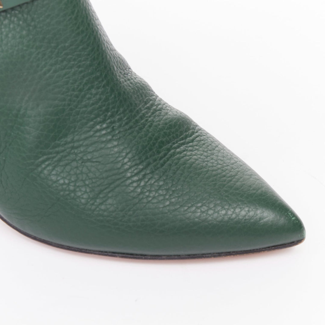 VALENTINO Rockstud green pebbled calf leather gold stud harness ankle boots EU37