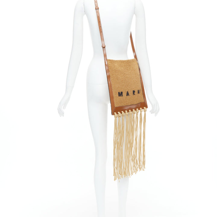 MARNI brown raffia fringe leather trim black logo crossbody bag