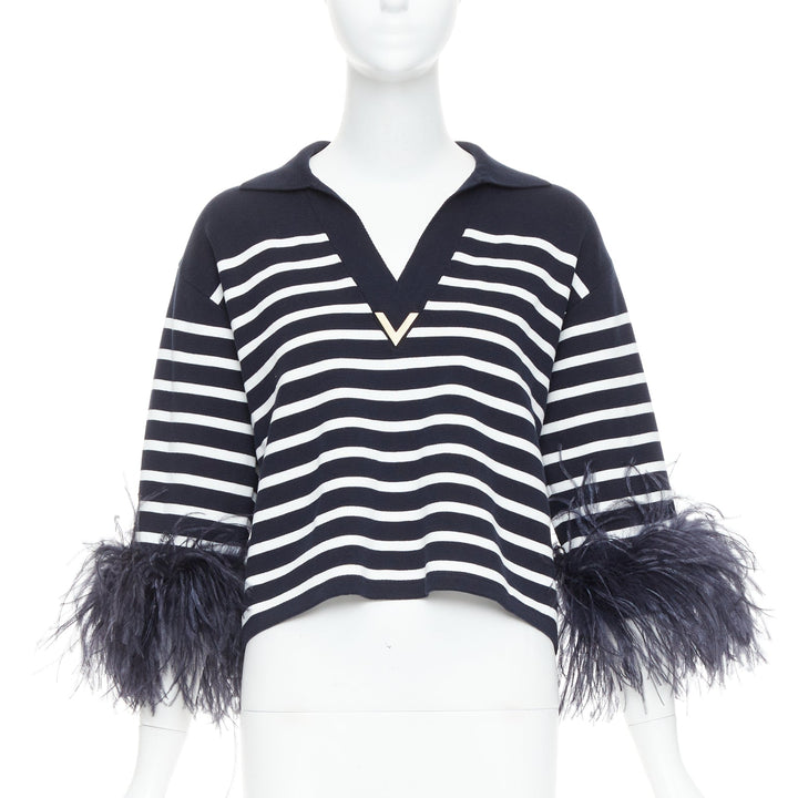 VALENTINO 2024 VGold navy white striped ostrich feather trim sleeve polo top XS