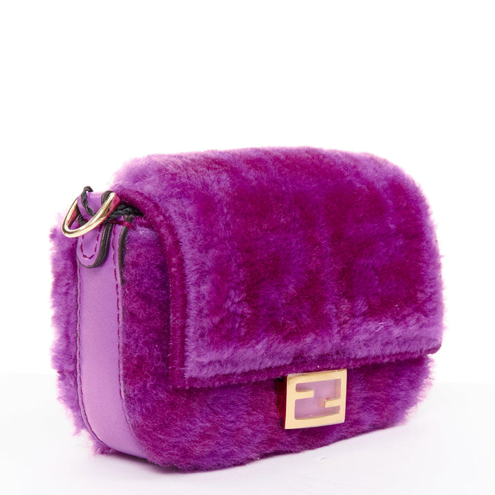FENDI 2021 Nano Baguette purple shearling FF buckle gold hardware charm bag