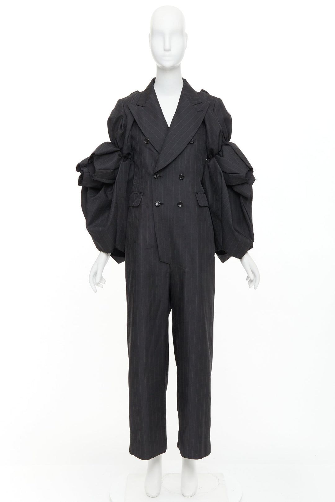 rare COMME DES GARCONS 2013 grey pinstriped 3D ruffle sleeves blazer jumpsuit S