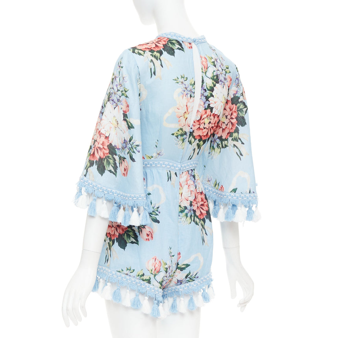 ALICE MCCALL Magic Moment blue linen floral fringed trim playsuit UK6 XS