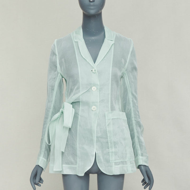 CECILIE BAHNSEN Fisola mint green cotton sheer bow tie waist blazer UK8 S