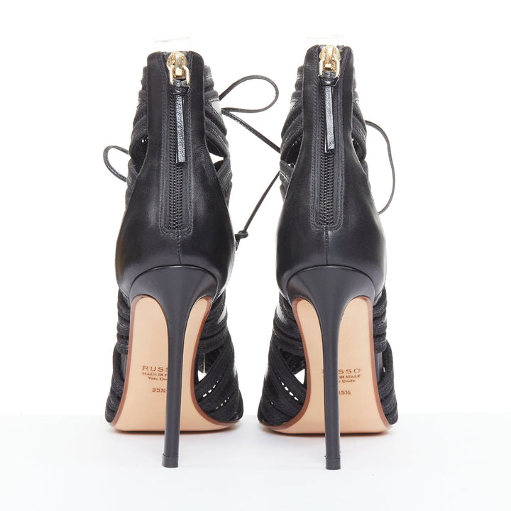 FRANCESCO RUSSO 2016 black leather Teardrop Cage topstitch lace up sandals EU35