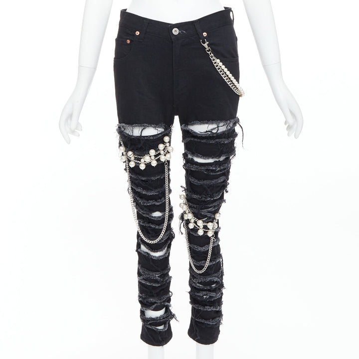 JUNYA WATANABE 2022 Punk black pearl chain chain destroyed ripped jeans XS