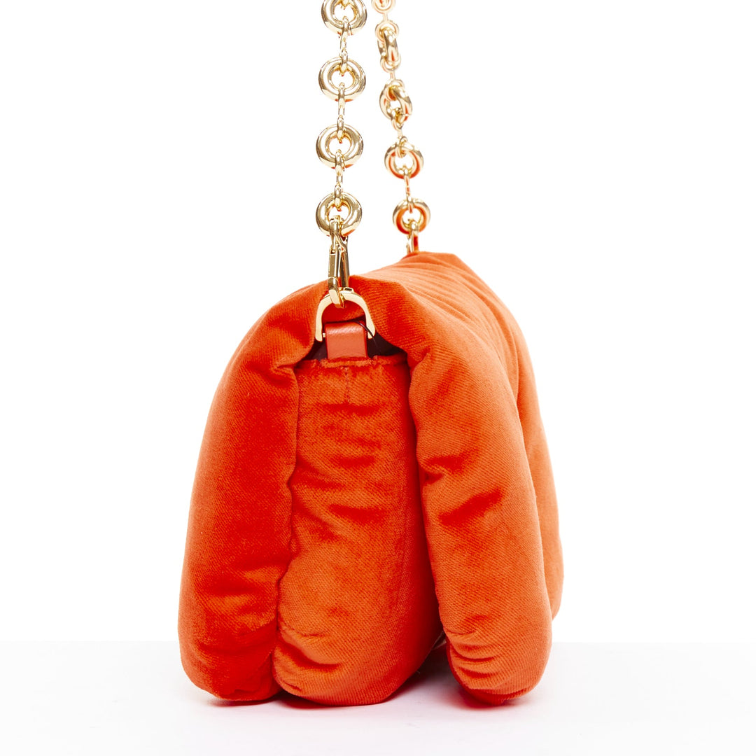 LOEWE Mini Goya Puffer coral red orange velvet gold chain puffer cushion bag