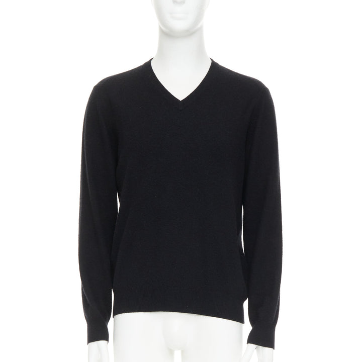 HERMES 100% cashmere black V-neck minimal classic sweater XL
