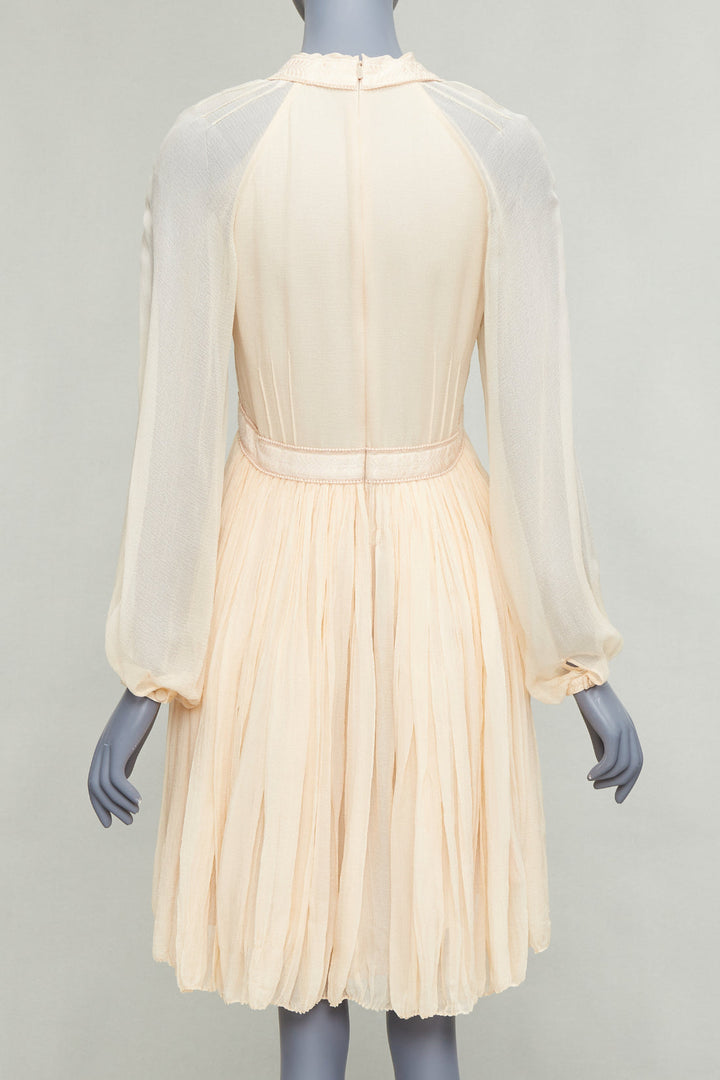 CHLOE 100% pinky beige silk chiffon plunge pleated knee boho dress FR34 XS