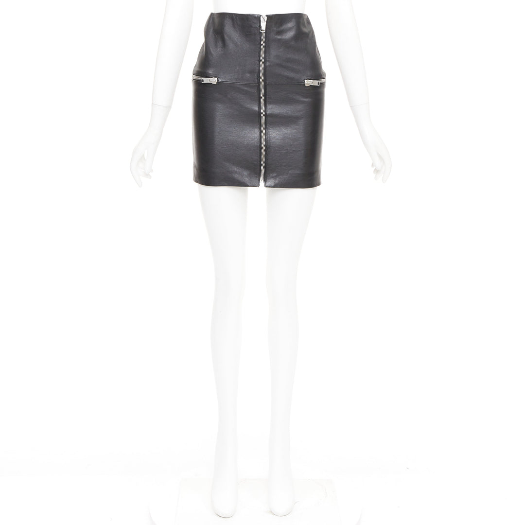SAINT LAURENT 2014 lambskin leather exposed silver zip high waist skirt FR 34 XS