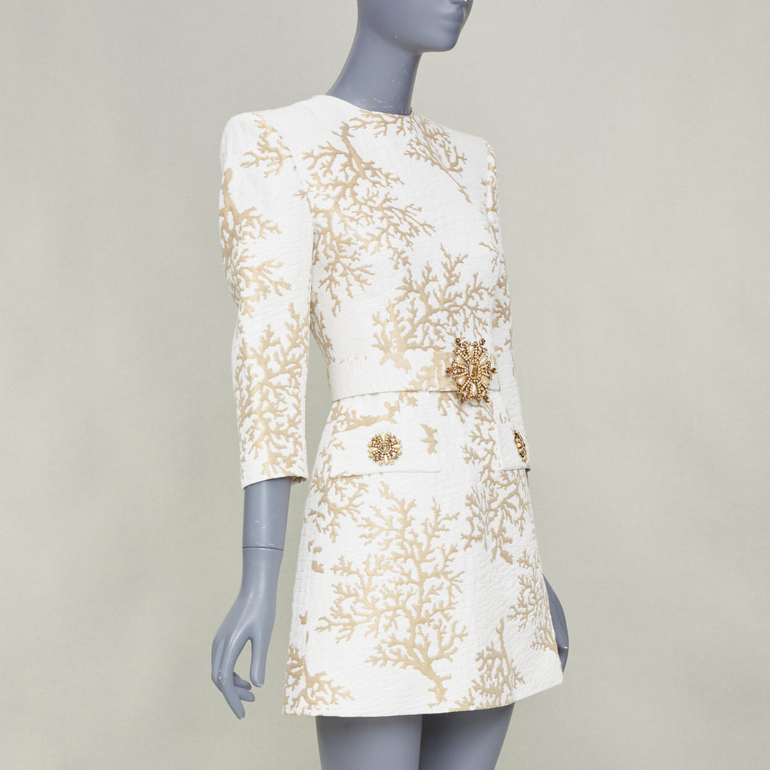 ANDREW GN 2022 Runway Coral Jacquard white gold belted cocktail dress FR34 XXS