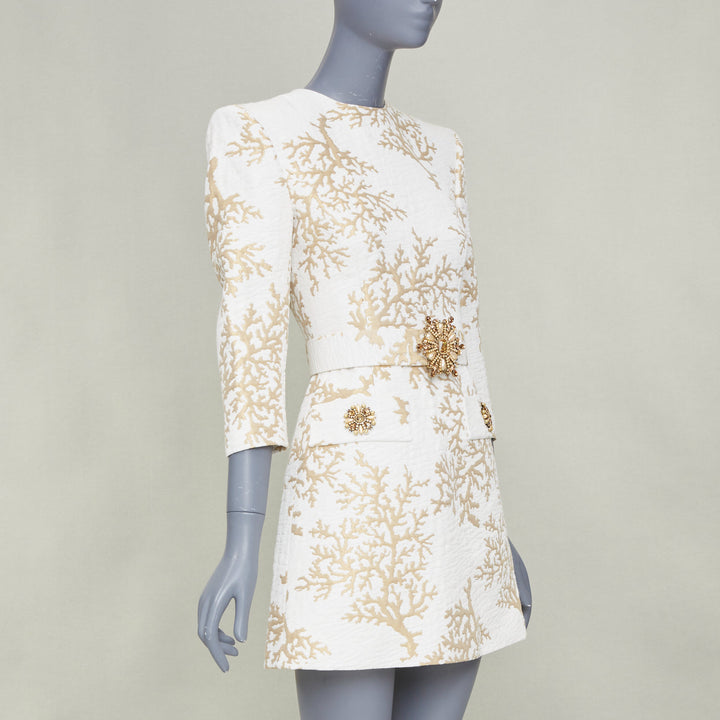 ANDREW GN 2022 Runway Coral Jacquard white gold belted cocktail dress FR34 XXS