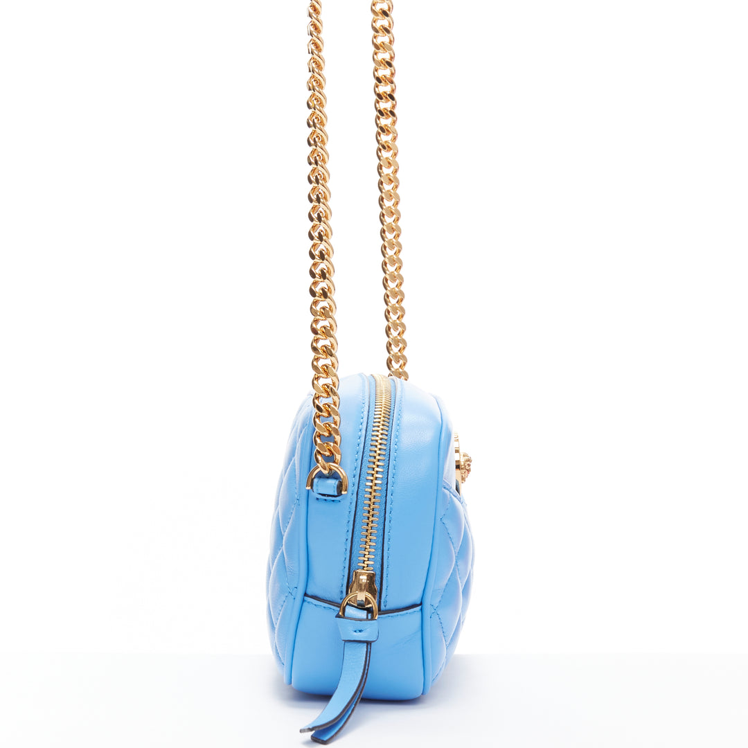 VERSACE blue lambskin leather quilted gold Medusa chain crossbody bag Small