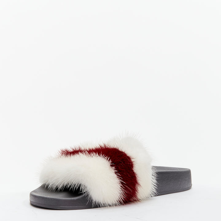 GIVENCHY Tisci fox fur red white stripes debossed logo black pool slides EU38