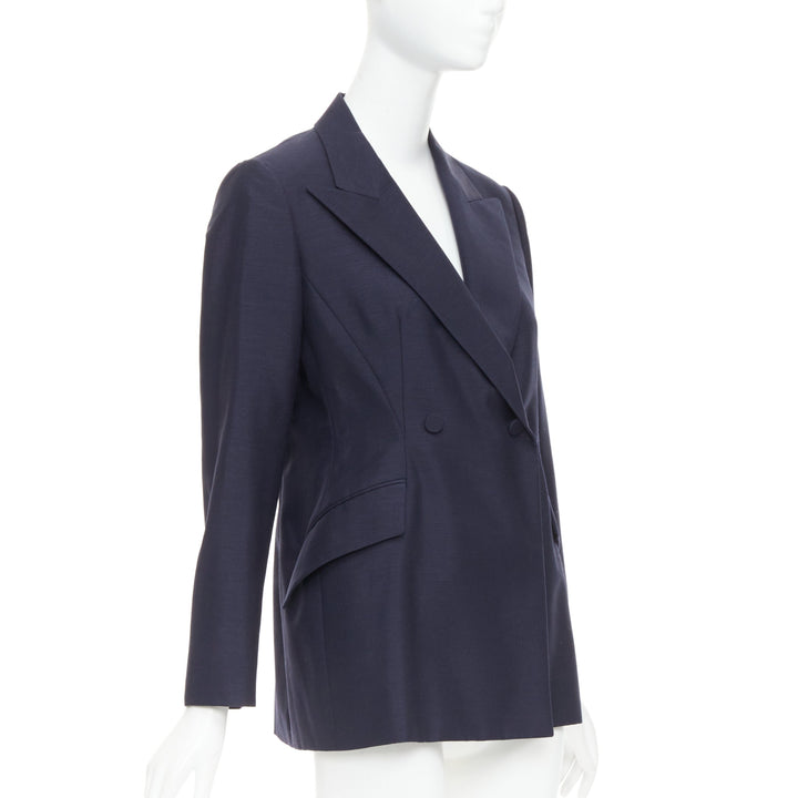 CHRISTIAN DIOR Bar navy mohair wool double breasted silk lined blazer FR42 XL