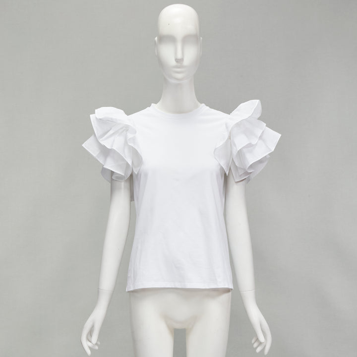 ALEXANDER MCQUEEN white cotton ruffle sleeve crew neck tshirt XS IT38