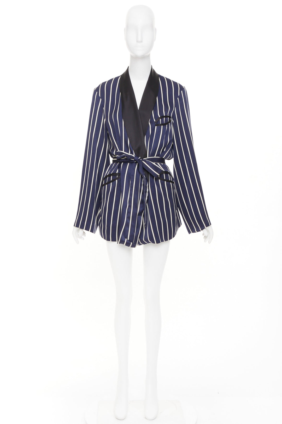 RAEY navy white stripe silk trim belted kimono smoking pajama tux jacket UK8 S