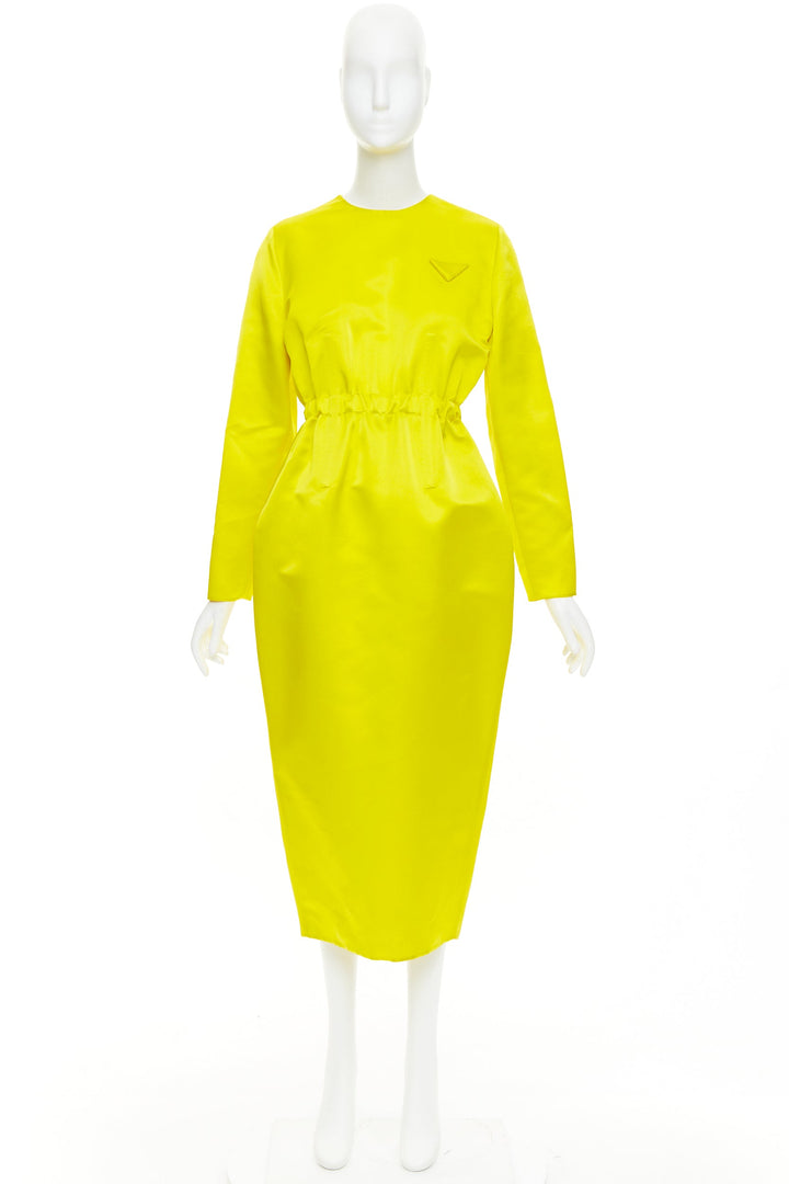rare PRADA 2022 Runway yellow duchess silk open back cinched belted dress IT40 S
