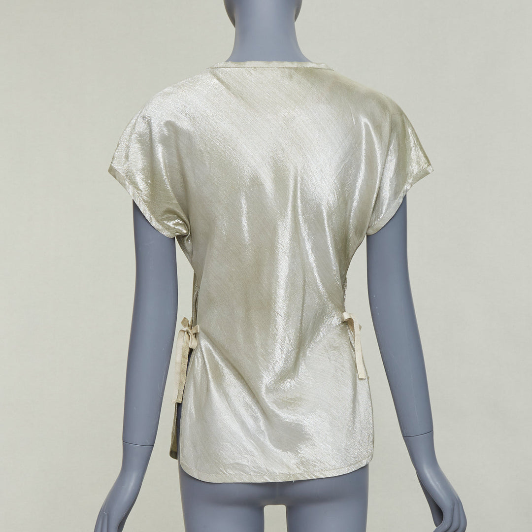PRADA Linea Rossa Vintage silver silk blend lame scoop neck side ties top IT40 M