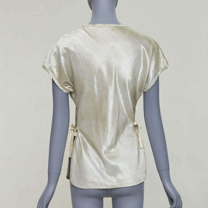 PRADA Linea Rossa Vintage silver silk blend lame scoop neck side ties top IT40 M