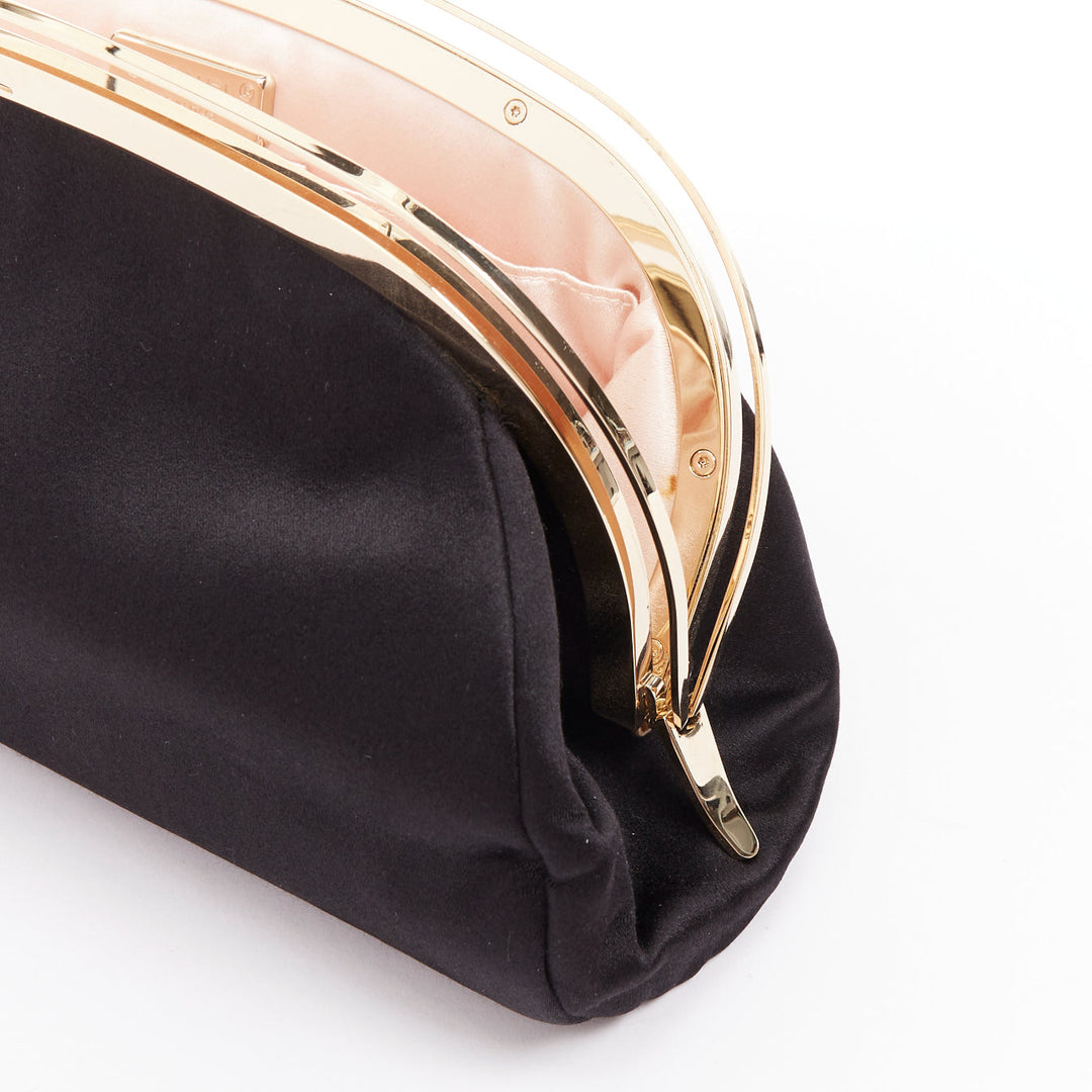 CHANEL Vintage black satin gold frame slide lock half moon evening clutch bag