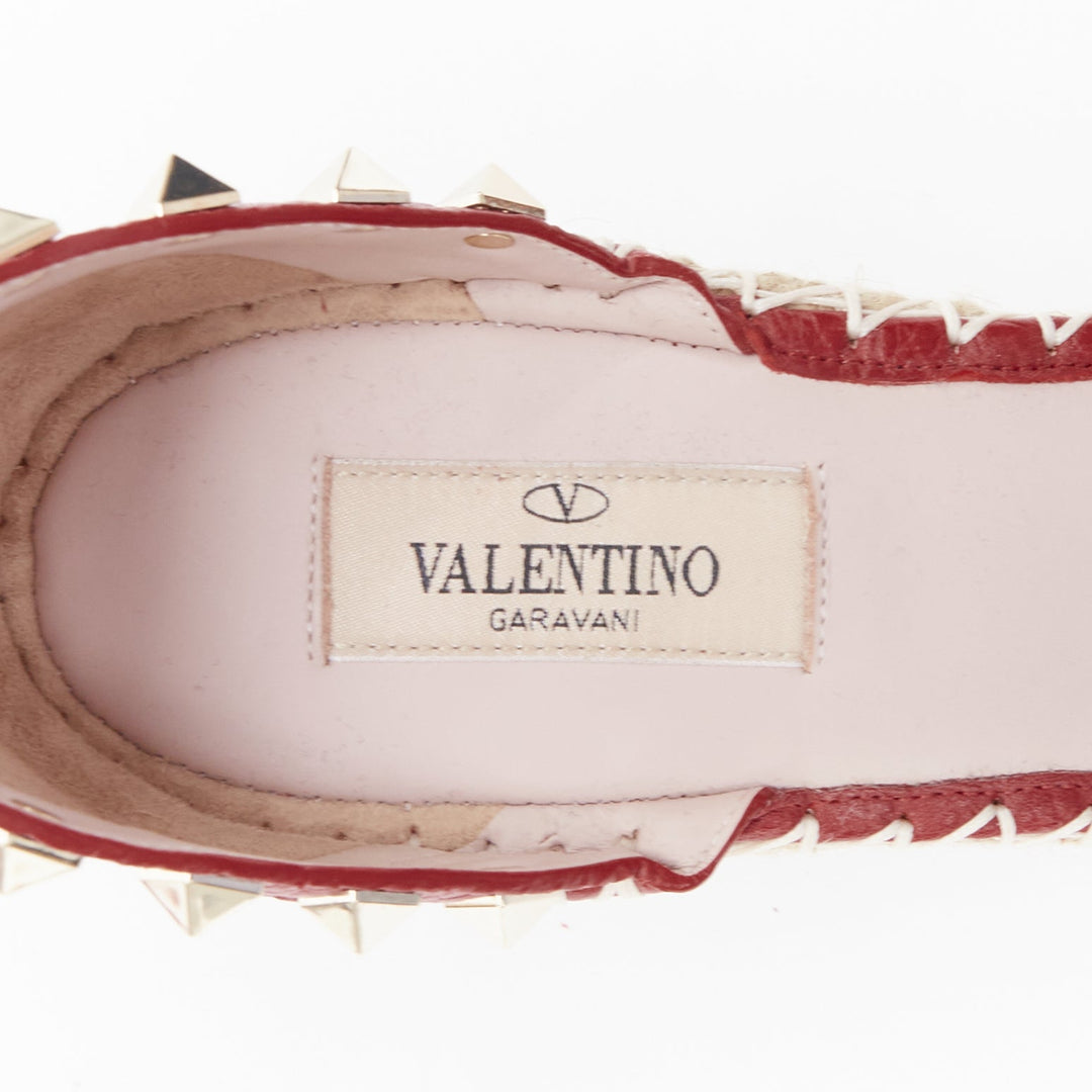 VALENTINO Rockstud 85 red leather jute espadrille wedge EU39