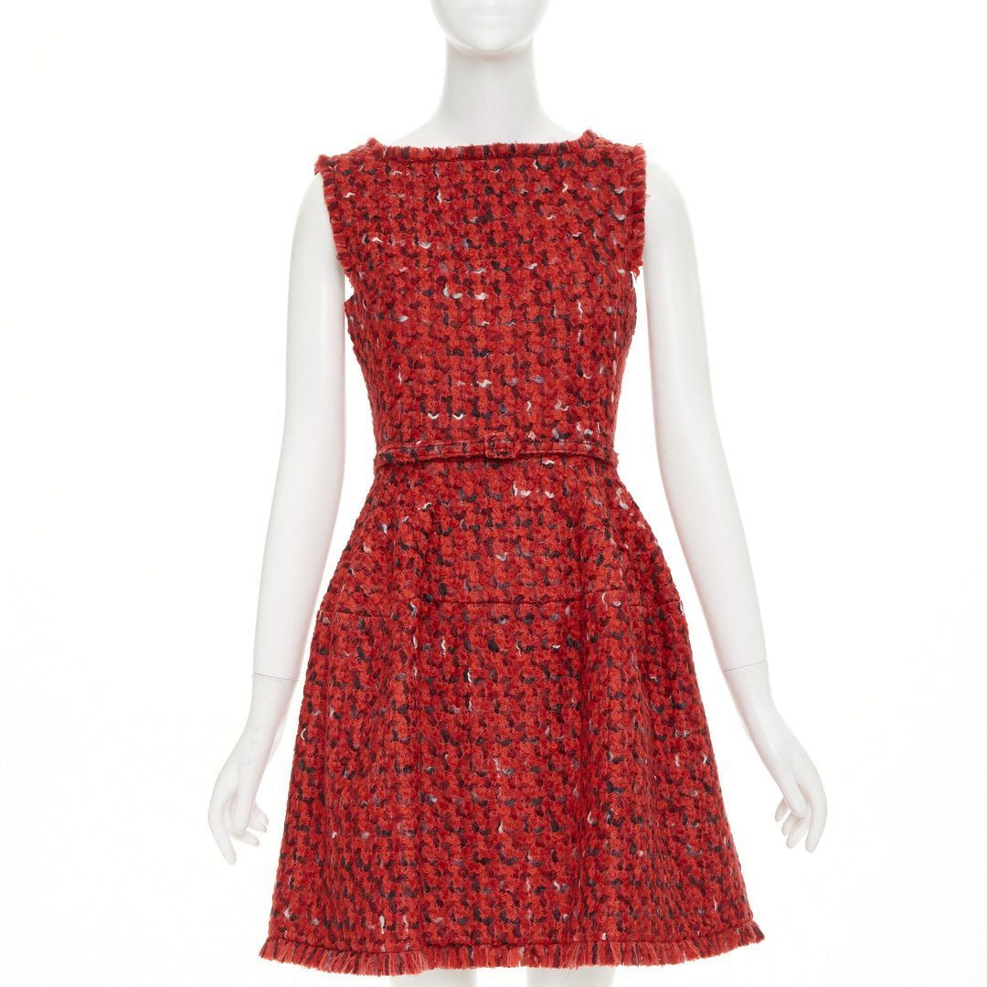OSCAR DE LA RENTA F17 Boucle tweed red wool cotton silk lined flare dress US6 M