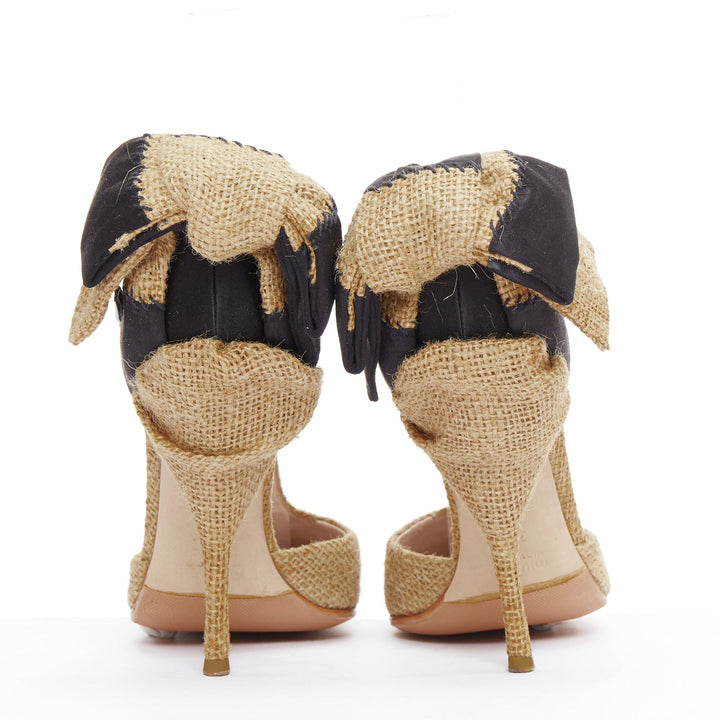 MIU MIU beige black jute satin bow back t strap maryjane pumps EU37.5