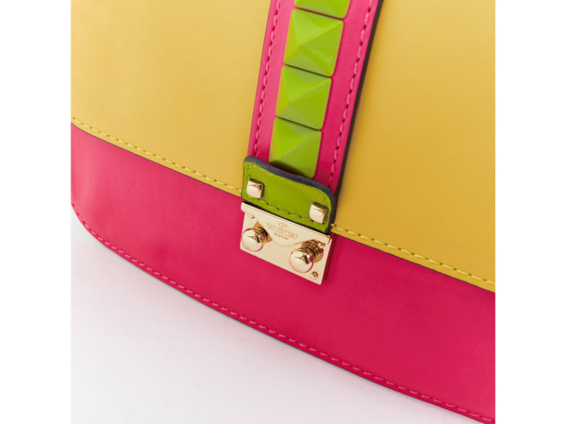 VALENTINO Glam Lock yellow green pink pop Rockstud leather push lock flap bag