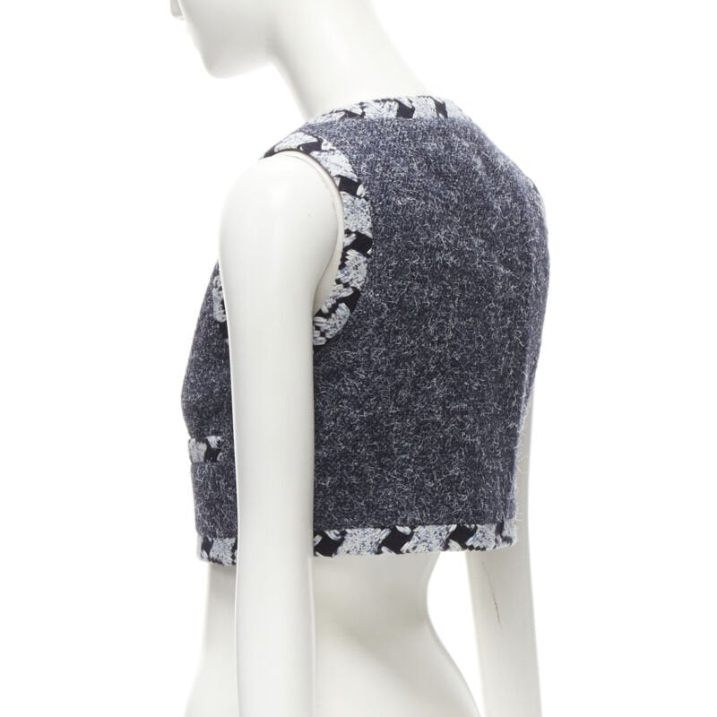 CHANEL wool cashmere blue tweed embroidery trim gripoix button cropped vest FR34