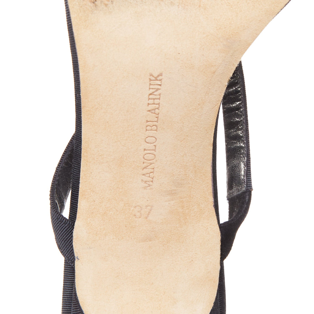 MANOLO BLAHNIK black grosgrain ribbon straps leather spool slipper heels EU37