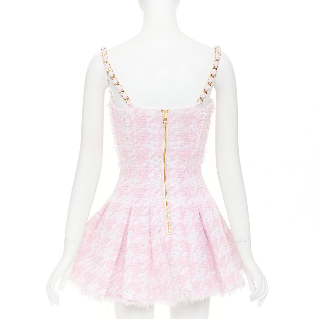 BALMAIN 2025 pink white houndstooth tweed flared min dress FR36 S Taylor Swift