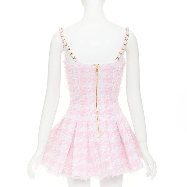 BALMAIN 2025 pink white houndstooth tweed flared min dress FR36 S Taylor Swift