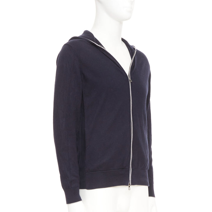LORO PIANA navy cotton cashmere knit silver zip front hooded sweater hoodie M