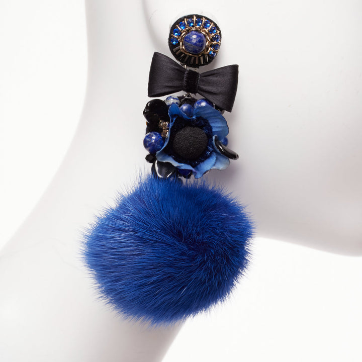 RANJANA KHAN blue black real fur crystal dangling clip on earrings