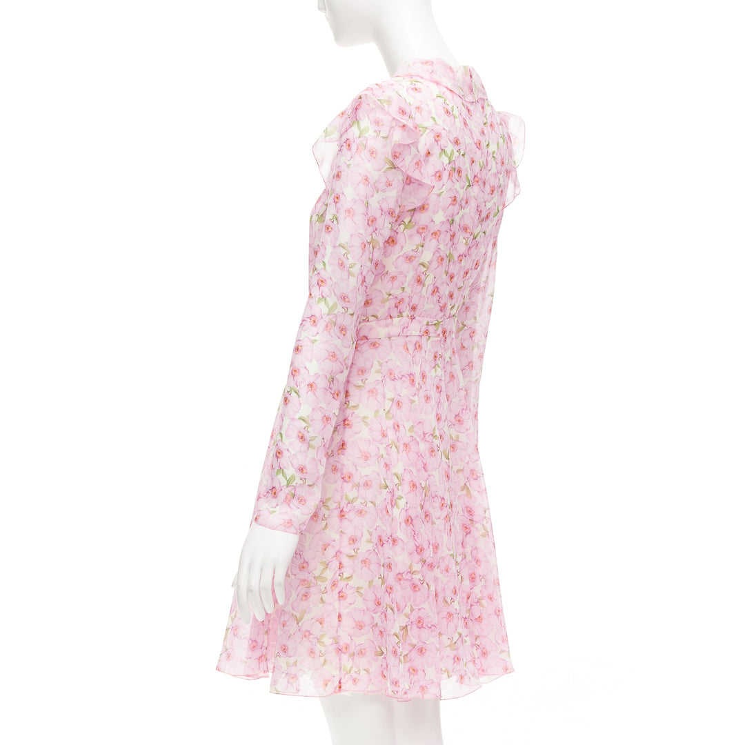 GIAMBATTISTA VALLI 100% silk pink floral illustration print ruffle dress