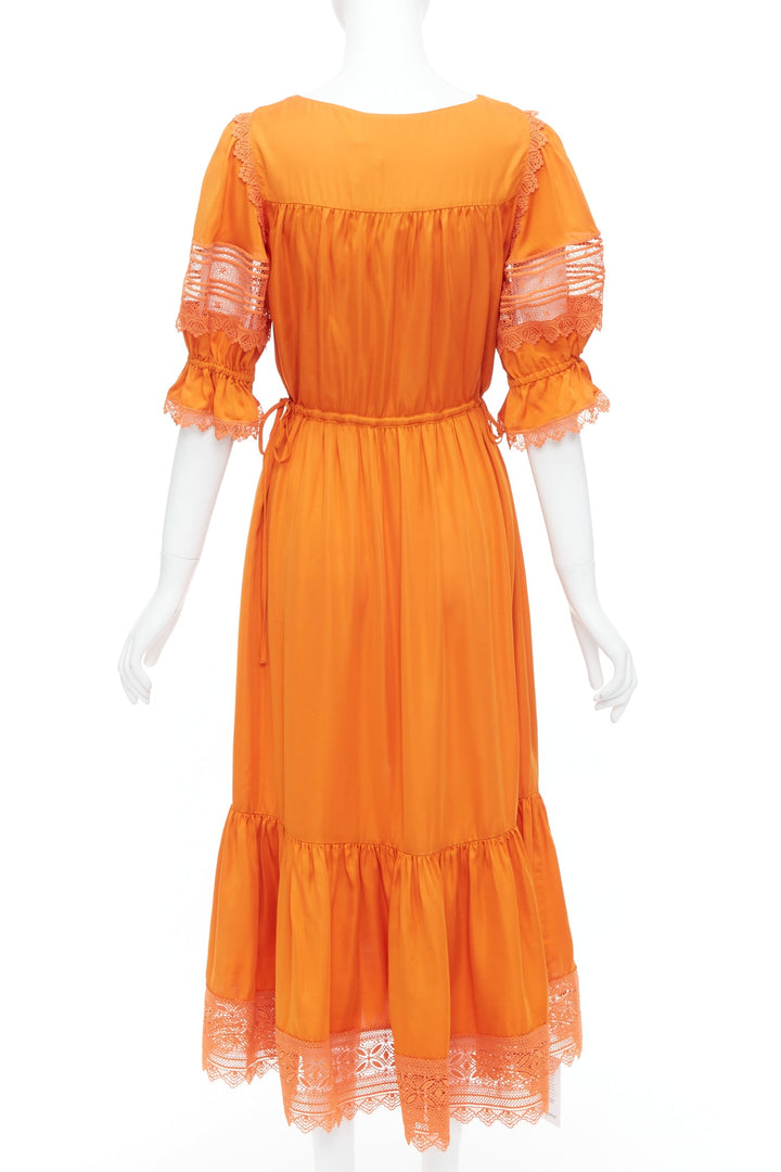 SELF PORTRAIT burnt orange lace trim satin twill ruffle midi dress UK8 S