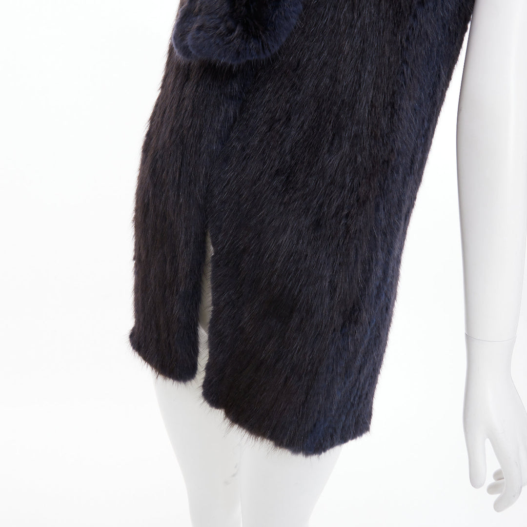 SYMETRIE PARIS black navy genuine fur satin snap buttons collared long gilet M