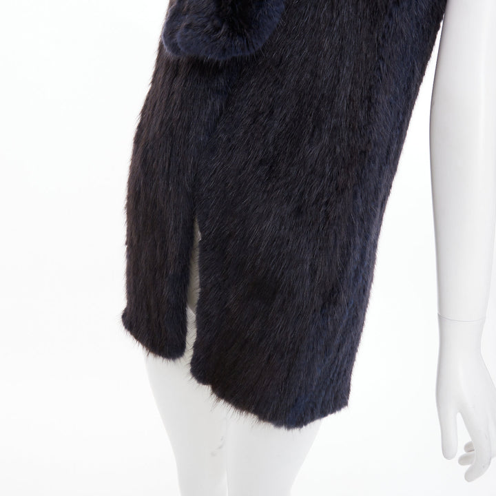 SYMETRIE PARIS black navy genuine fur satin snap buttons collared long gilet M