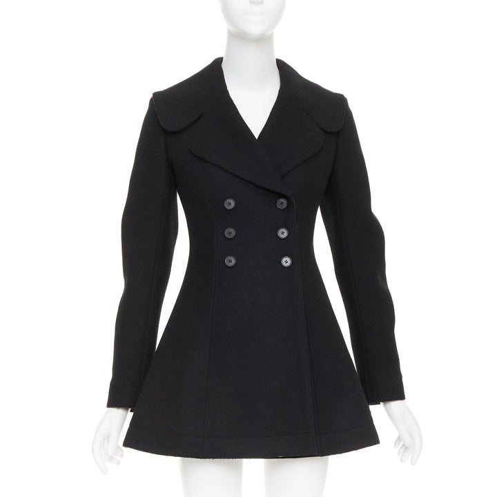 ALAIA black wool felt double breasted fit flared structured coat dress FR38 M