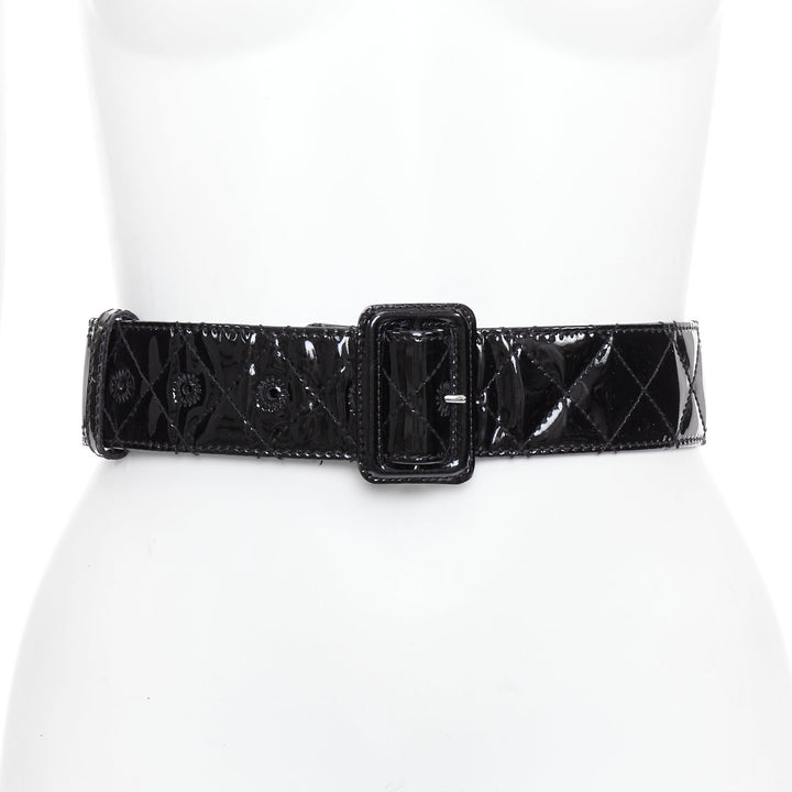 BURBERRY black patent leather diamond quilted rectangular buckle belt 75cm