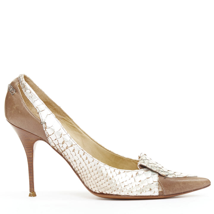 CHLOE Vintage silver metallic scaled leather brown trim pointy pumps EU37.5