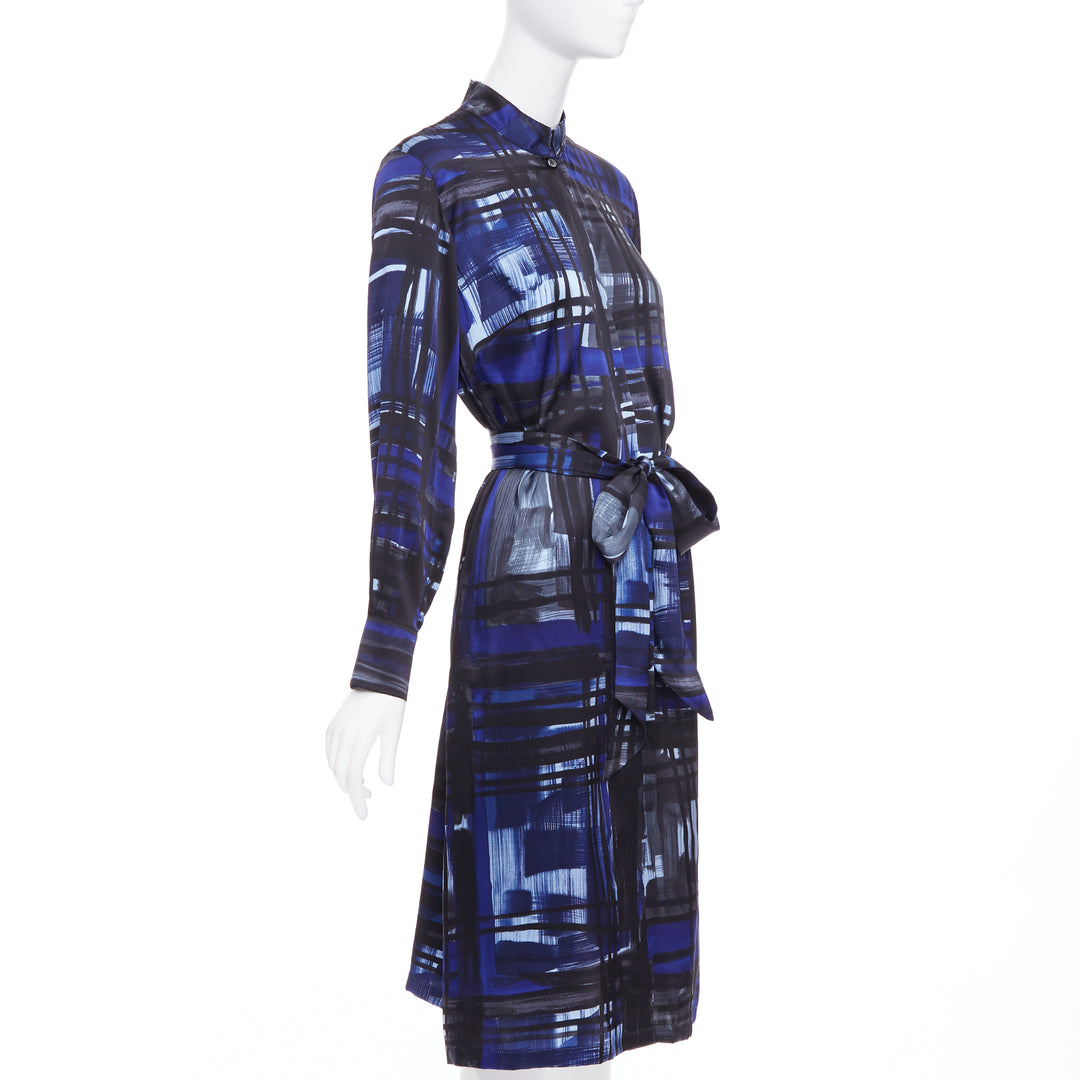 MARINA RINALDI 100% silk blue black brush print belted shirt dress Sz.15 M