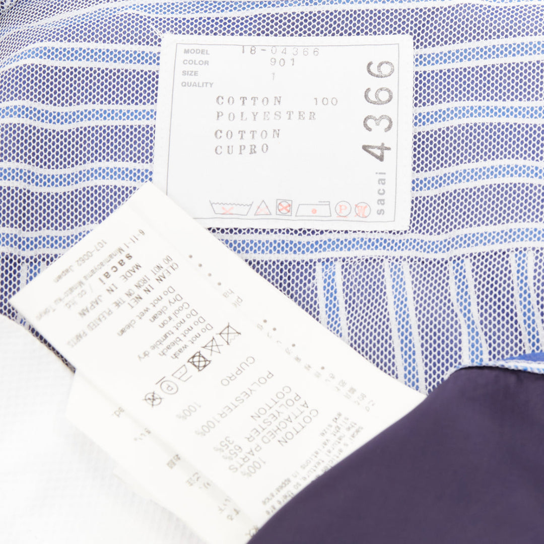 SACAI 2018 blue white navy striped bib front pleated mesh hem hybrid dress JP1 S