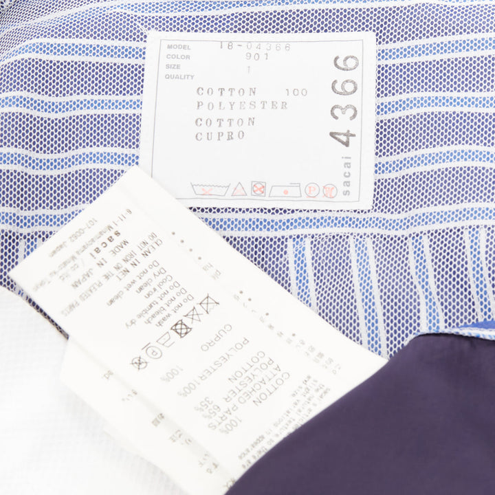 SACAI 2018 blue white navy striped bib front pleated mesh hem hybrid dress JP1 S