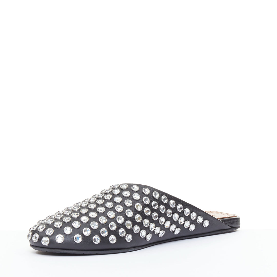 ALAIA Crystal Slide On black leather clear strass embellished flat mule EU38