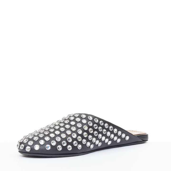 ALAIA Crystal Slide On black leather clear strass embellished flat mule EU38